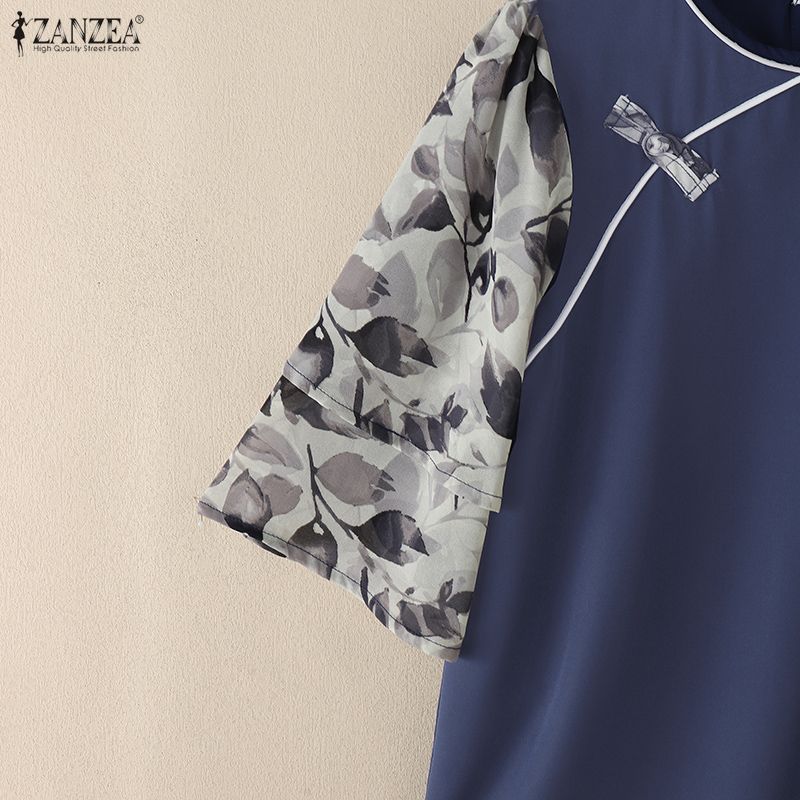 ZANZEA Damen Lässige Rundhals 3/4 Ärmel Locker Patchwork Bluse