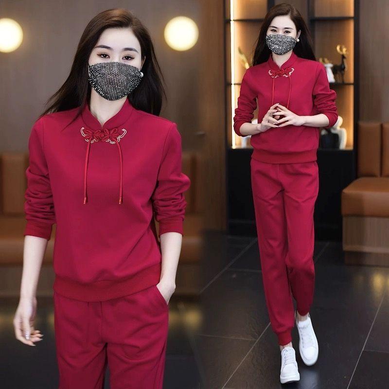 Chinesischer Lässiger Sportanzug für Damen, Mode für Frühling und Herbst, Sweatshirt mit nationalem Schnallenverschluss, Zweiteiliges Set mit Leggings und Hosen