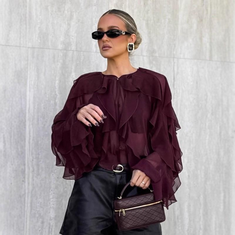 Womens Vintage French Style Ruffle Chiffon Blouse 2025 Elegant Wine Red Round Neck Top