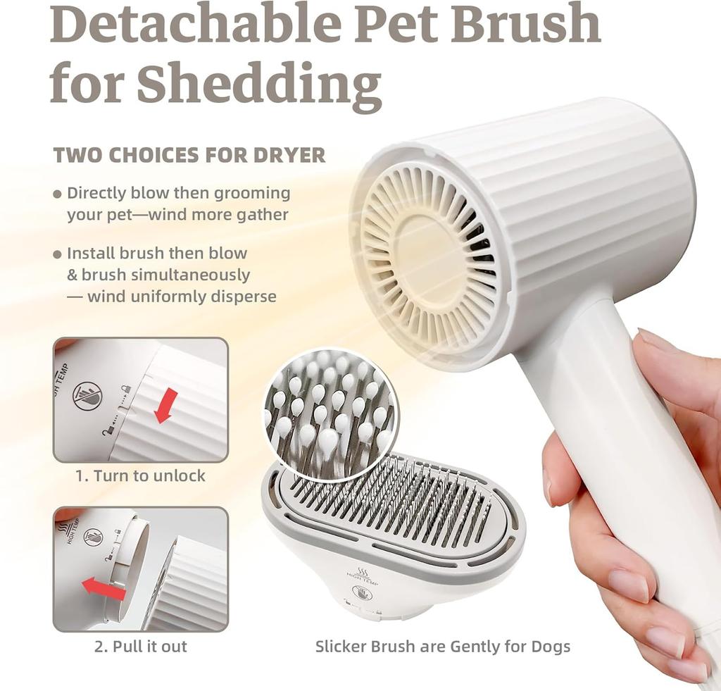 Dog Brush for Shedding, 2in1 Pet Hair Dryer Dog Grooming Brush with Removable Comb, Adjustable Temperature Speed, Portable Brush
