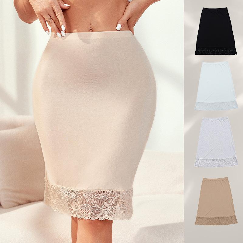 Sottogonna a mezza lunghezza con bordo in pizzo da donna, Sottogonna midi antistatica anti-sfregamento, Gonna sottoveste estiva elastica in vita tinta unita per l'uso quotidiano da donna