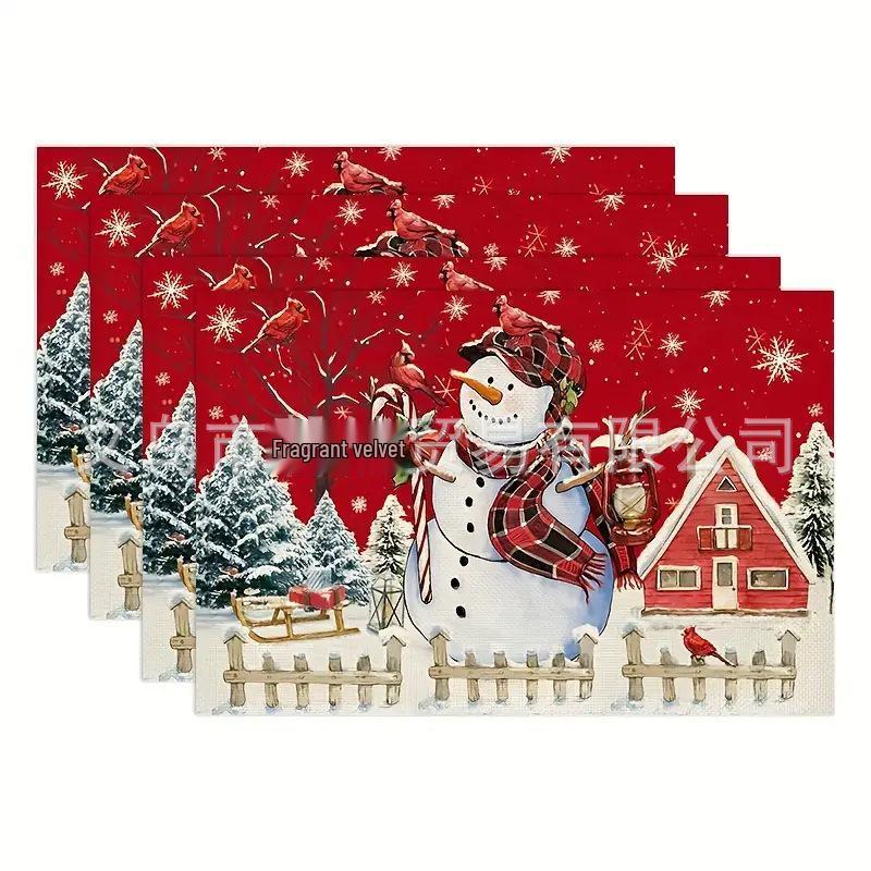 Washable Linen Snowman & Snowflake Christmas Placemats - Holiday Table Decorations