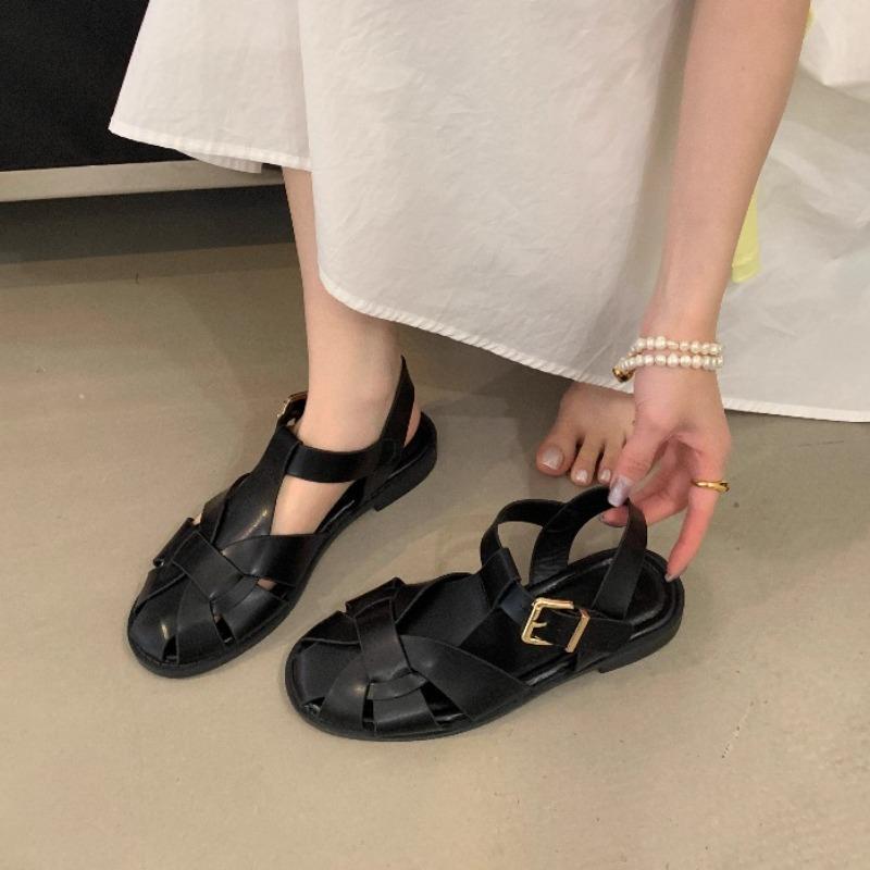 Fashion Fashion Cutout Narrow Strap Woven Flat Sandals Women Sexy Metal Buckle Designer Shoes Comfortable Lightweight Gladiator Sandals