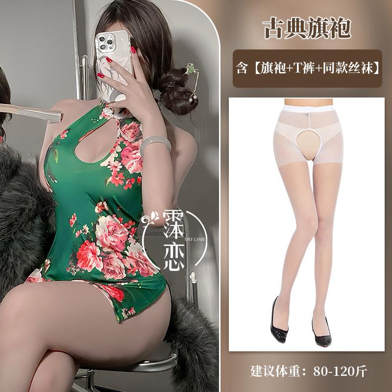 Sex Underwear Split-ended Sleeveless Printed Cheongsam Slim and Thin Sexy Uniform People Cheongsam Sex Clothes