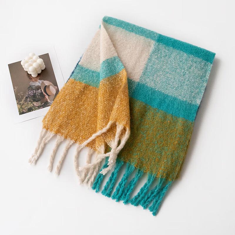 Thick Polyester Twill Scarf with Rainbow Patchwork and Tassels