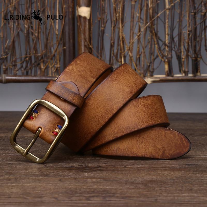 Cinturón de Trabajo Retro Hecho a Mano para Hombre, Hecho de Cuero Vacuno Puro de Flor Entera con Hebilla de Cobre, Cuero Genuino para Jeans