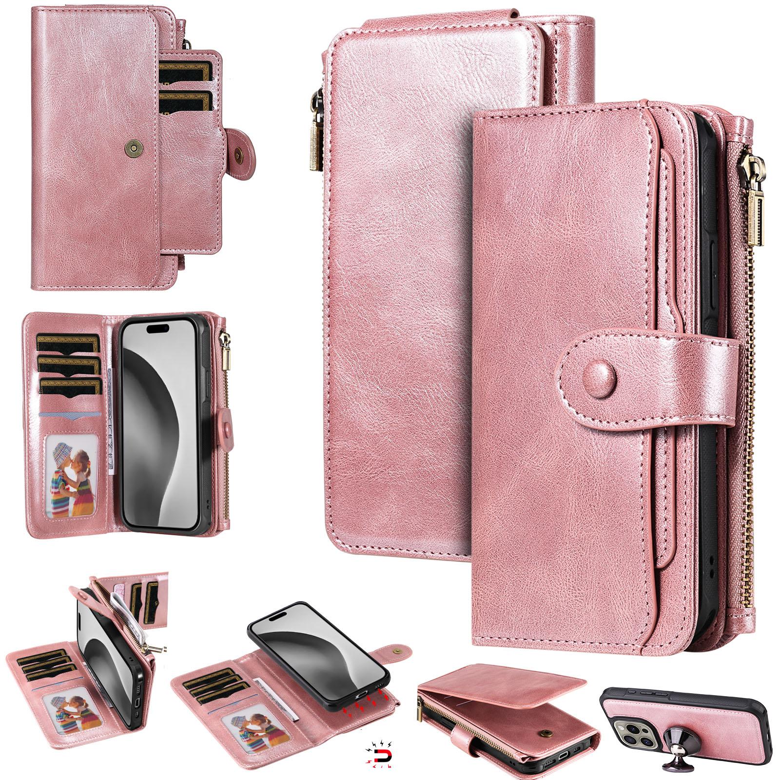 

Для iPhone 16 Pro Магнітний чохол Знімна обкладинка-гаманець на блискавці з ПУ шкіри Rose Gold