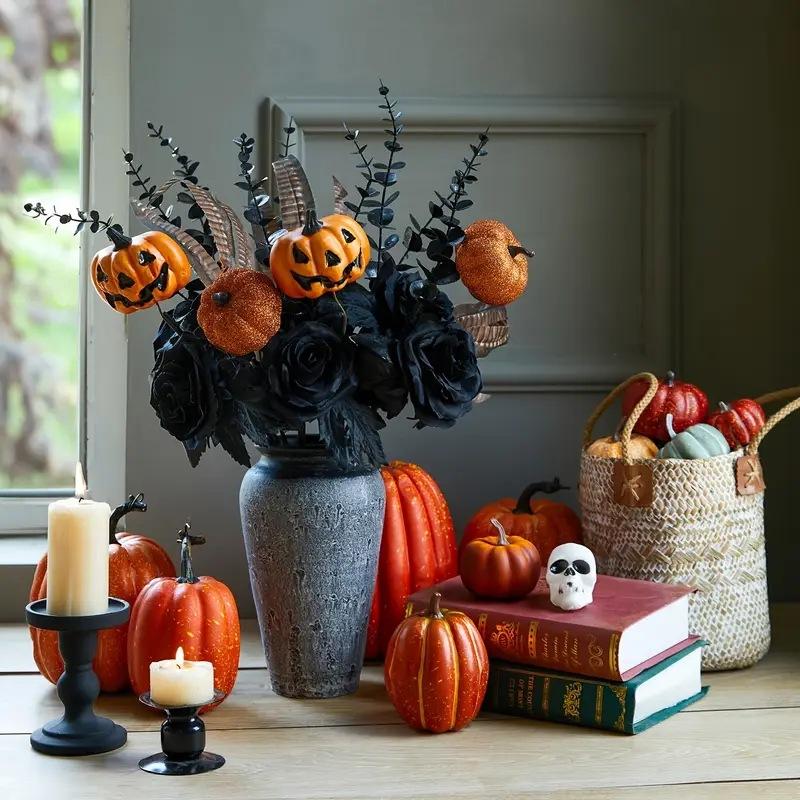 Halloween Emulation Pumpkin Bouquet Decoration Halloween Party Outdoor Tree Branch Black Maple Leaf Bundle Decoration for Dining