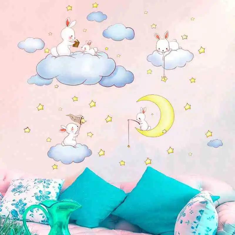 Weiße Wolken Hase Wandaufkleber für Kinderzimmer Baby Schlafzimmer Heimdeko Kawaii Niedlich Cartoon Mond und die Sterne Wandtattoos