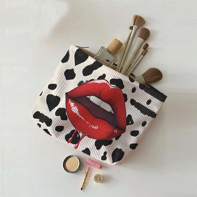 Leopard Print & Red Lips Pattern Makeup Brushes Storage Bag Polyester Makeup Pouch with Zipper Chic Makeup Brush Tools Organizer