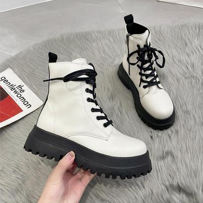Fashion Footwear Combat Chunky Short Shoes for Women Work Booties Sneakers Female Ankle Boots Black Punk Style Leather White Platform Pu