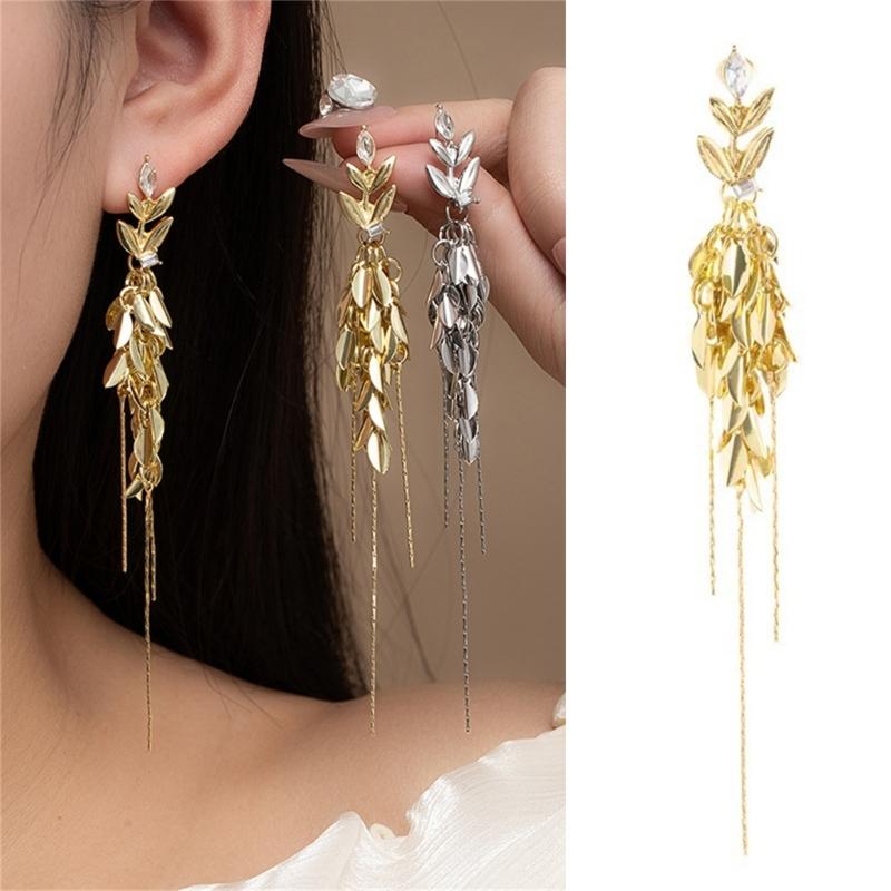 Elegant Crystals Encrusted Alloy Wheat Drop Earrings with Tassels Designs for Women