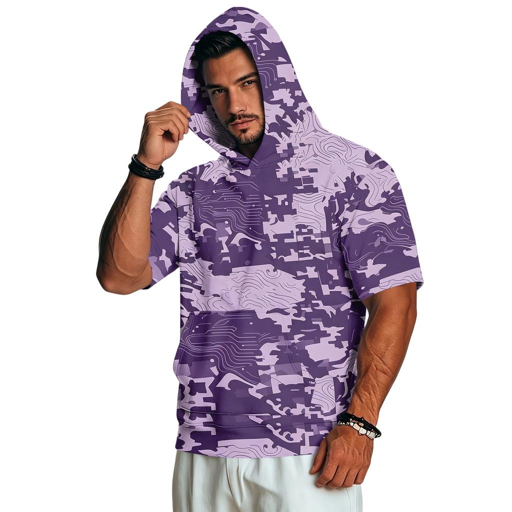 Men's Casual Retro Lightweight Short Sleeve Hooded Sweatshirt Camouflage Print