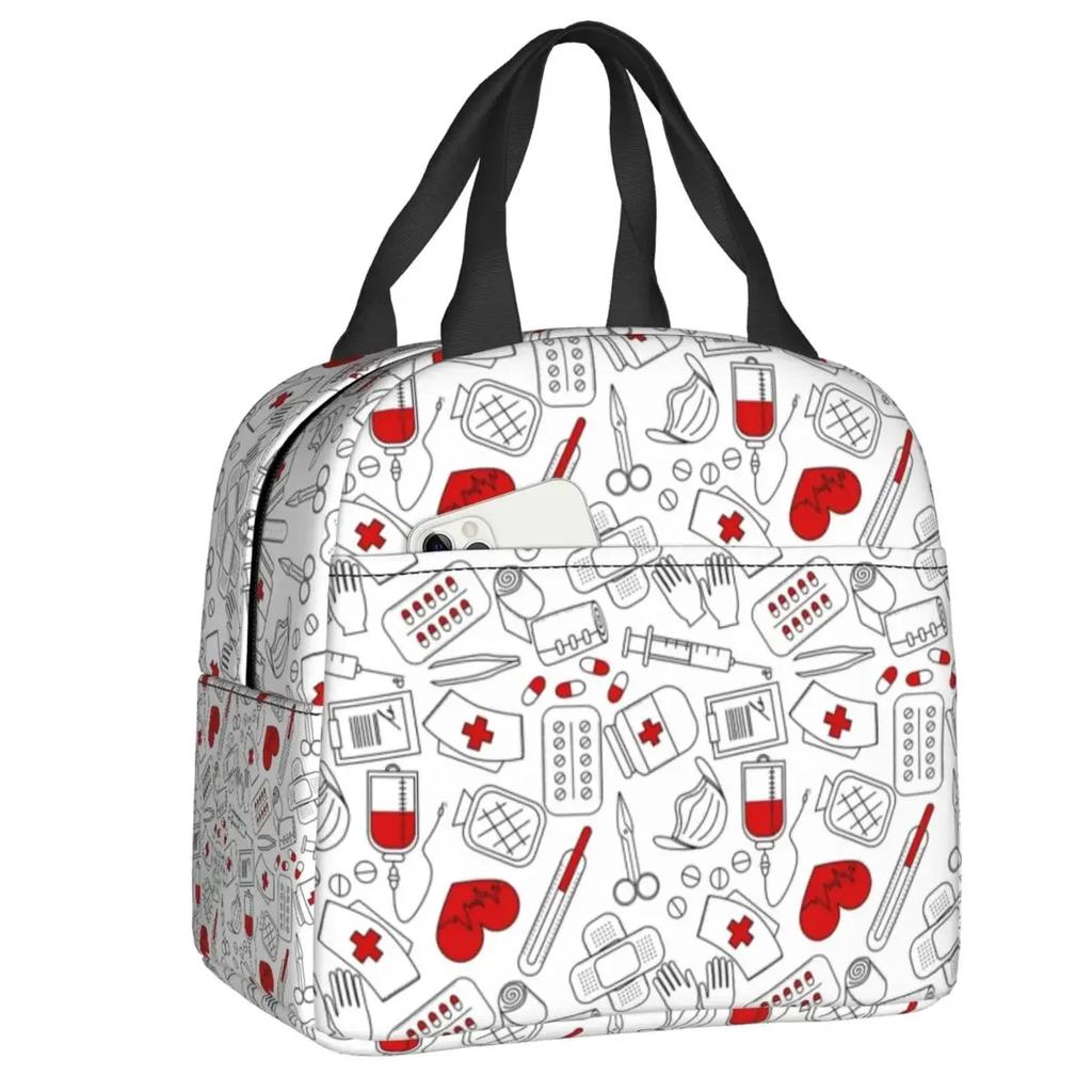 Nurse Tool Pattern Insulated Lunch Tote Bag for Women Nursing Resuable Thermal Cooler Food Lunch Box Work School Travel