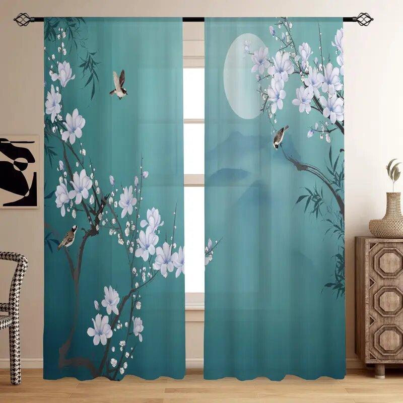 

2pcs -Plum blossoms under the moonlight print curtains pole bag curtains home decoration room decoration 100*130 Rod Pocket 1pcs