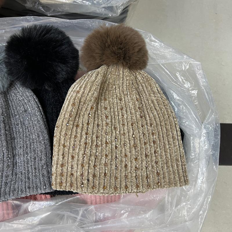 Wool hat women's autumn and winter new versatile winter rhinestone chenille knitted hat warm fashion hairball ear hat