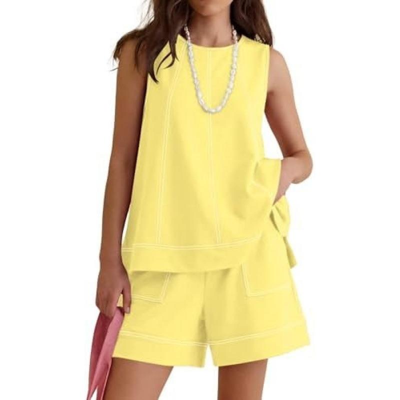 Women's two-piece shorts set Summer round neck sleeveless vest drawstring elastic waist shorts with pockets
