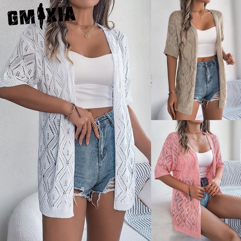 GMXIA Summer Cut-out Checkered Short-sleeved Knitted Cardigan for Beach Sun Protection Women's Wear