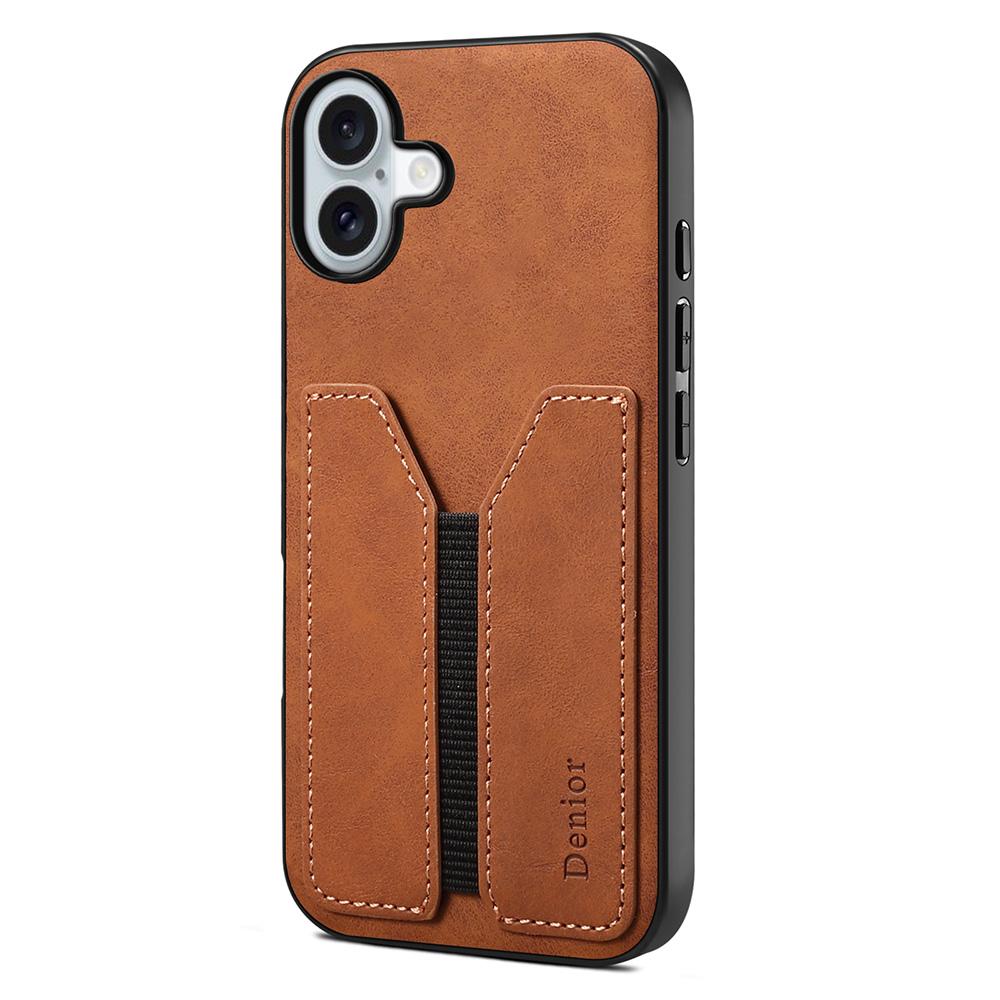 

DENIOR For iPhone 16 Case Elastic Card Holder PU Leather+TPU+PC Phone Cover Brown