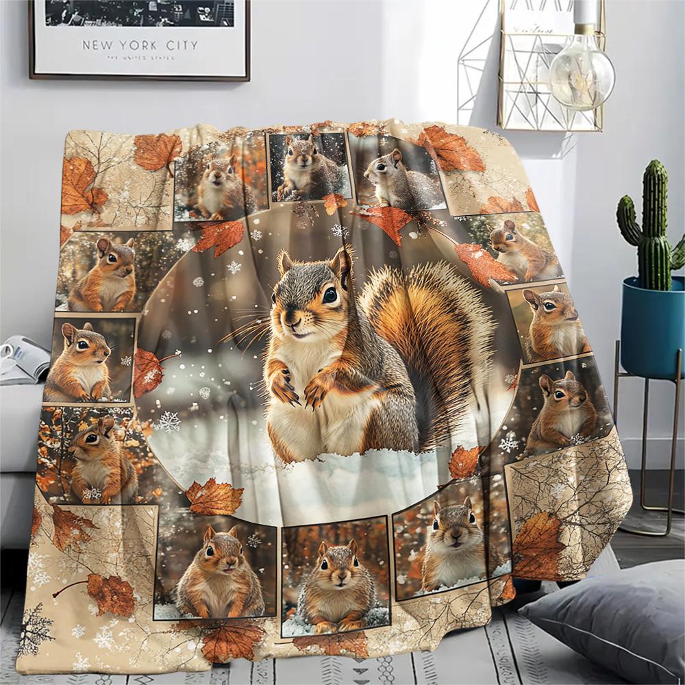 Squirrel Print Flannel Blanket, High quality Comfortable for All Seasons, Home Decor, Warmth and Comfort, Perfect for Christmas Gifts