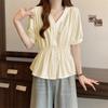 Women Light Blue V Neck Puff Sleeve Elastic Waist Peplum Button Down Casual Blouse