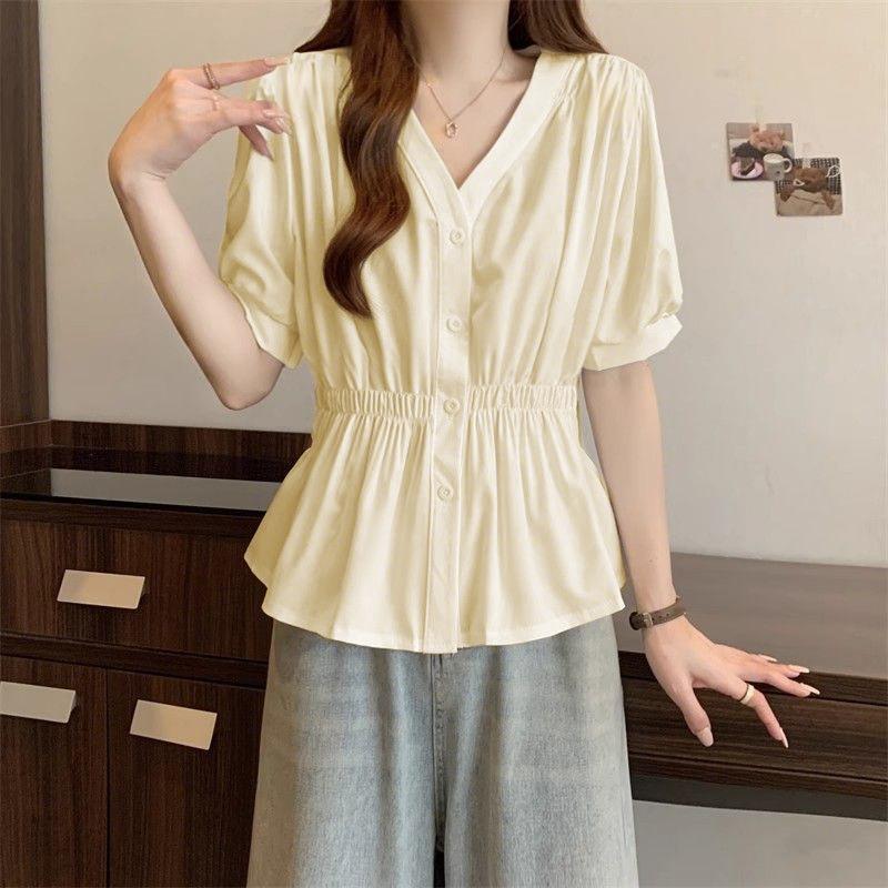 Women Light Blue V Neck Puff Sleeve Elastic Waist Peplum Button Down Casual Blouse
