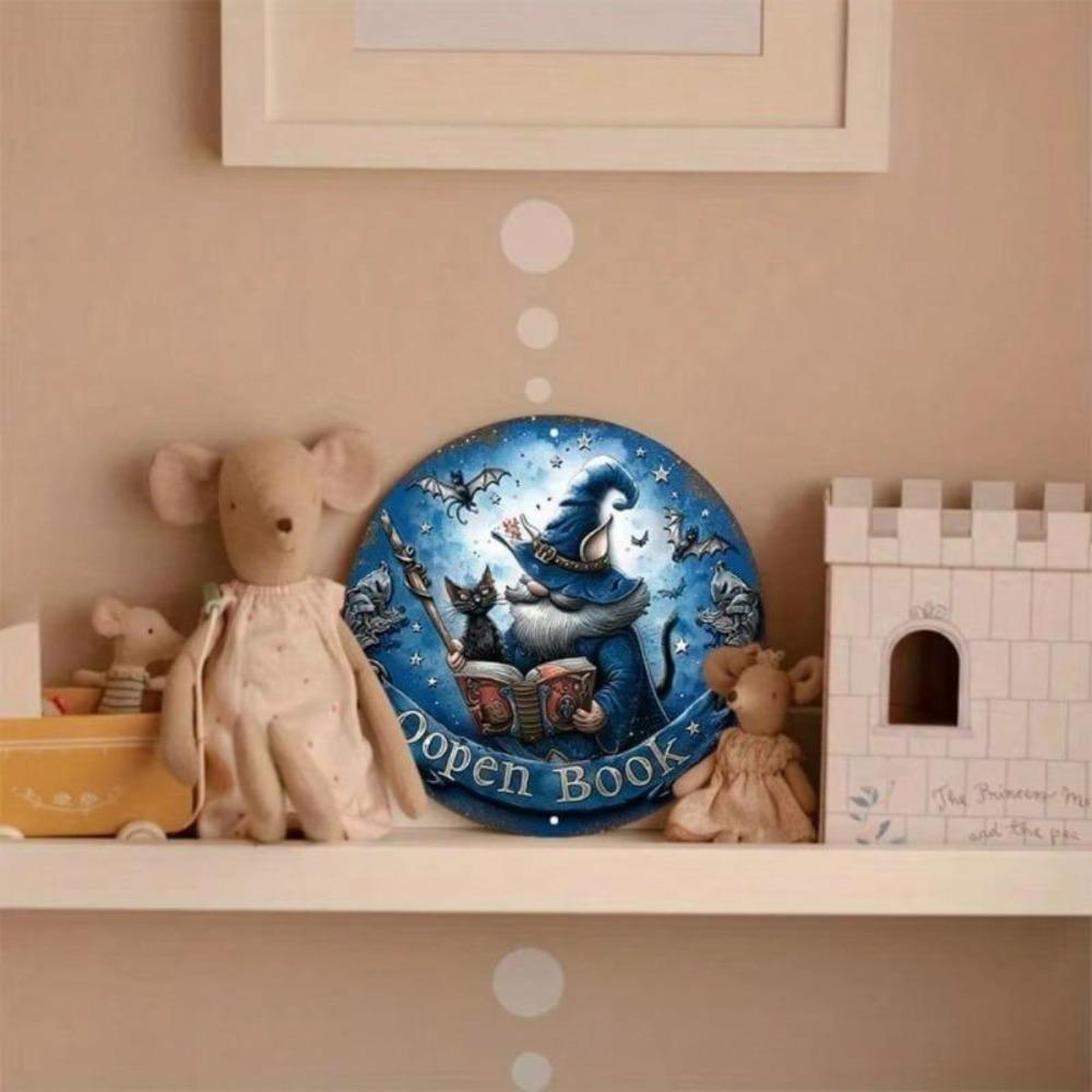 Magic Gnome Cat Round Metal Sign UV Scratch Resistant Outdoor Wall Decor