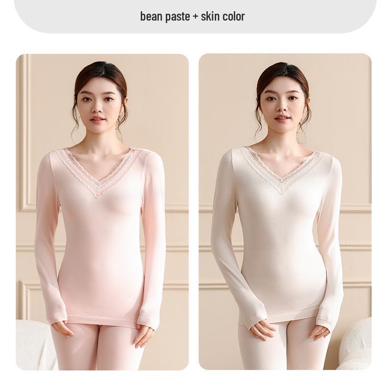 Women's Lace V-Neck Thermal Underwear Set - Slimming, Shaping, Heat-Generating Cotton