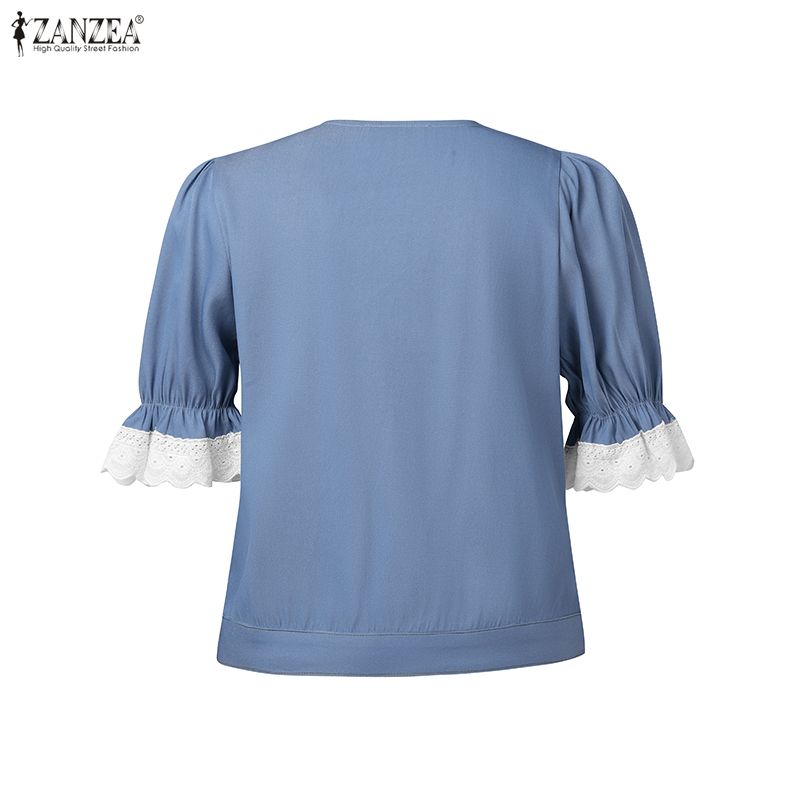 ZANZEA Women Casual Lace Splice Round Neck Summer Short Sleeve Blouse