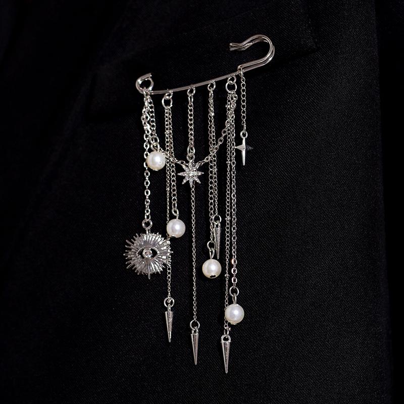 Hypoallergenic Punk Chain Tassel Safety Pin Brooches With Pearl Star Heart Charms For Blazer Suit Jacket Party Daily Wear