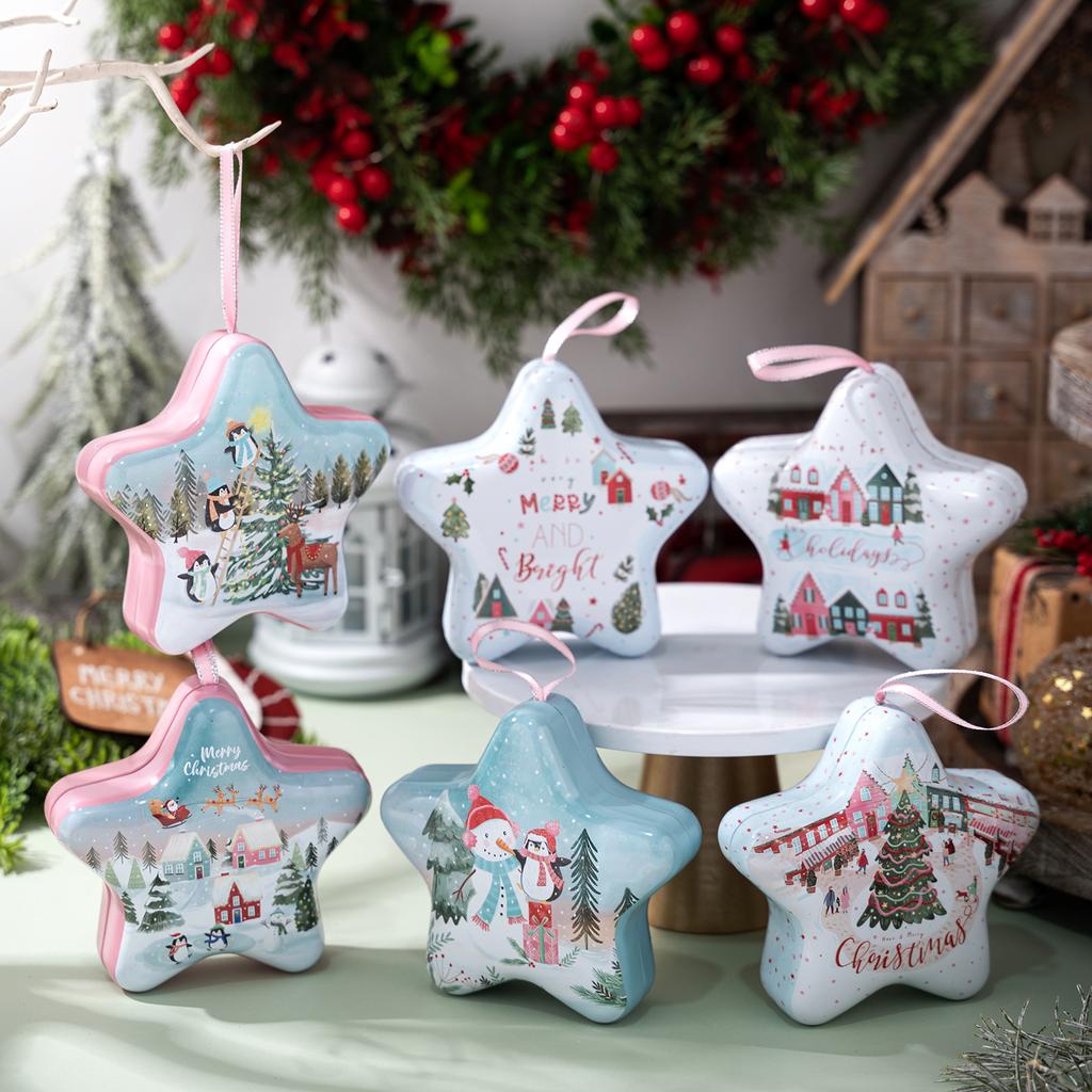 Christmas Tin Box Star Shaped Chocolate Cookies Candy Box With Hanging Rope Christmas Storage Box Ornaments Gifts