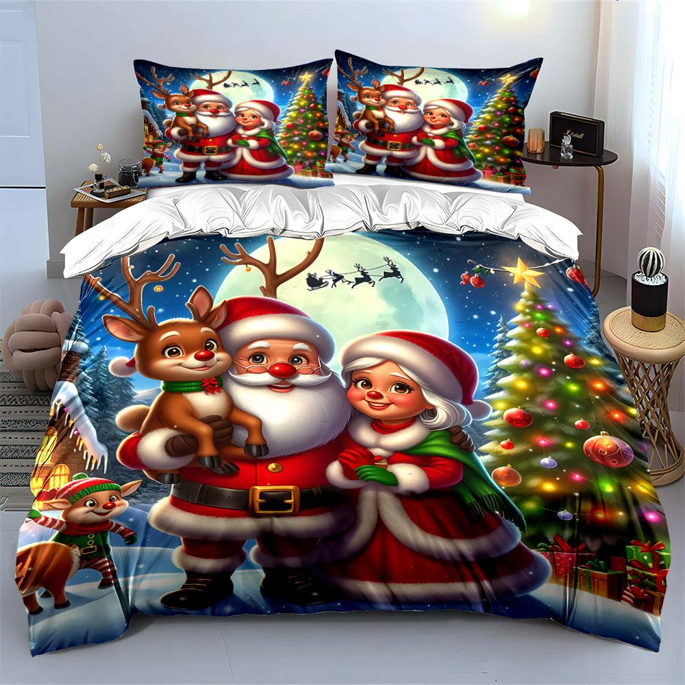 Christmas Santa Claus Family Scene Bedding Duvet Cover Set Duvet Cover Pillowcases (1*Duvet Cover 2*Pillowcases, Without Duvet Insert)