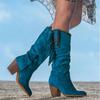 Fashion Women  High Boots Trend Retro Metal Buckle Pointed Toe Thick Heel Tassle Western Cowboy Boots Female Shoes Botas De Mujer 2024
