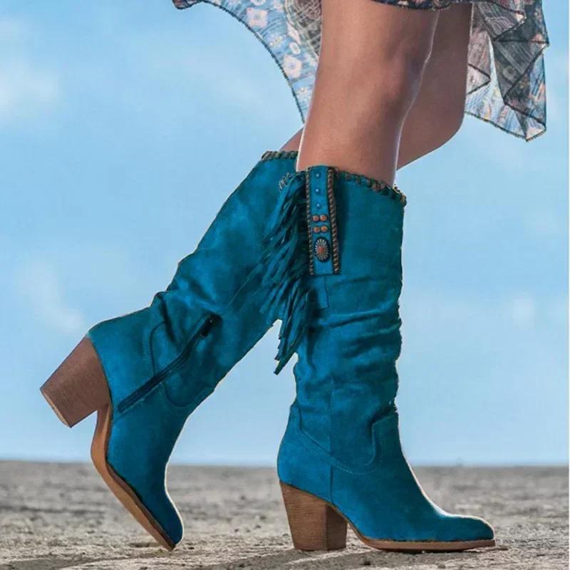 Fashion Women  High Boots Trend Retro Metal Buckle Pointed Toe Thick Heel Tassle Western Cowboy Boots Female Shoes Botas De Mujer 2024