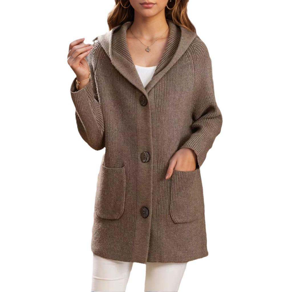 Women's Mid-Length Hooded Knit Cardigan - 2024 Autumn/Winter Casual Solid Thick Sweater Coat