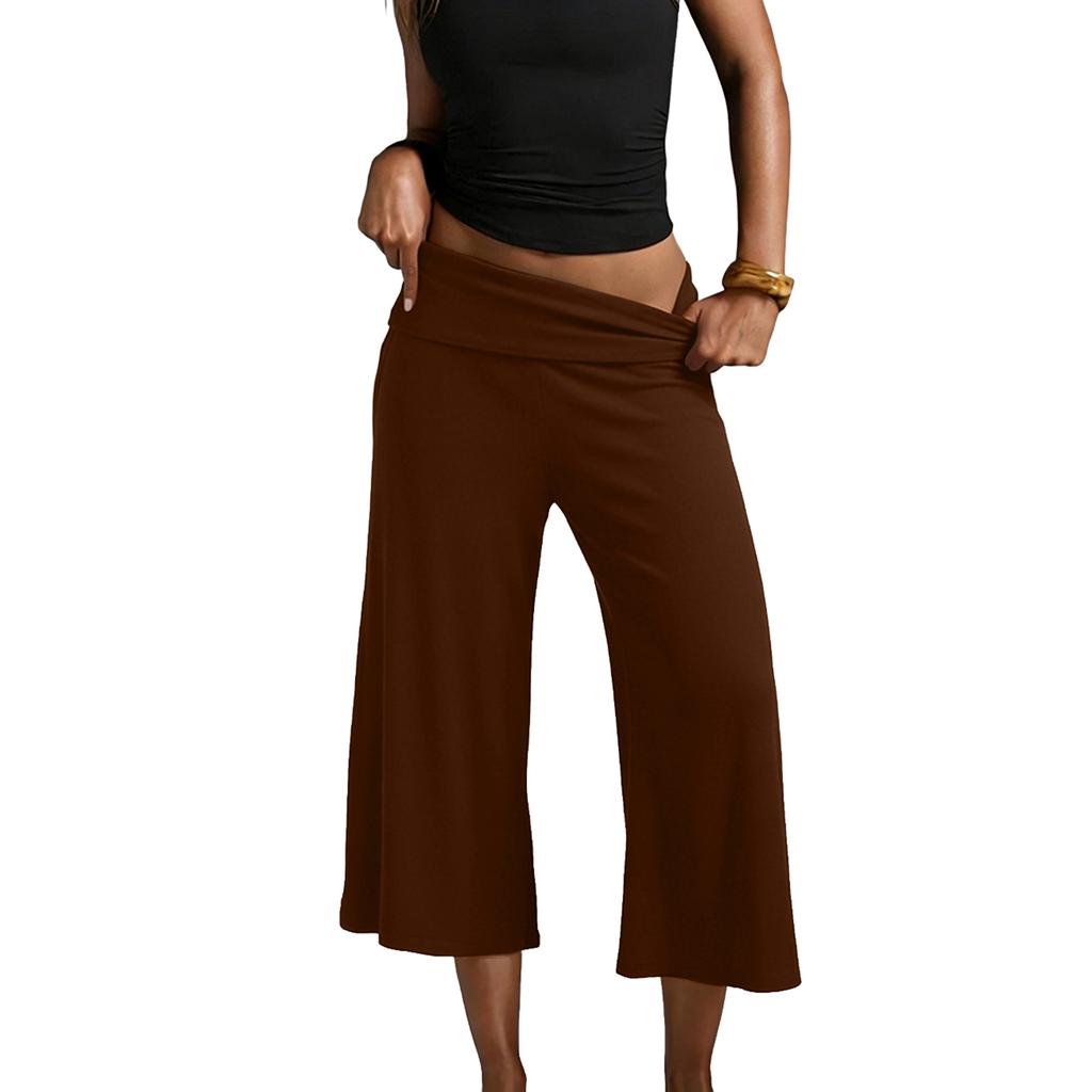 Cropped Pants for Women Wide Leg Elastic High Waist 3/4 Pant Casual Fit Flowy Casual Pants