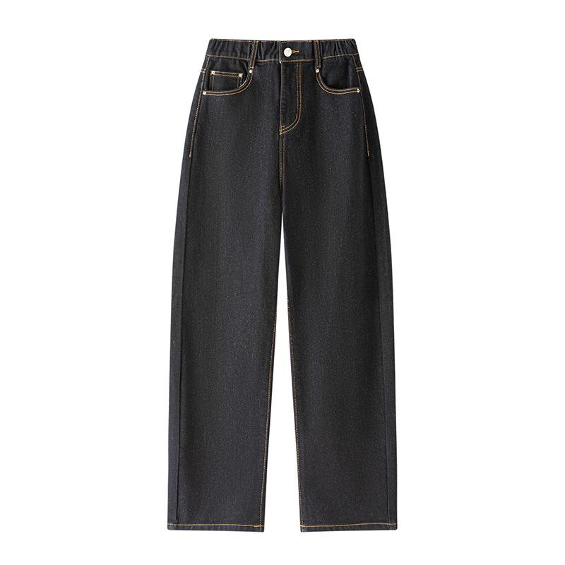 Women s Fleece-Lined Elastic Waist Denim Pants, Curved Loose Fit, Stretchy & Drapey, Autumn/Winter 2025. L чёрный