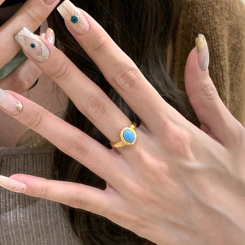 Exquisite Turquoise Rings for Women Vintage Palace Style Light Luxury Wire Drawing Blue Ring Party Wedding Romantic Jewelry