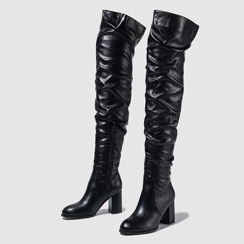Fashion Liyke High Quality Soft Cozy Pleated Leather Women Over The Knee Boots Fashion Zip Round Toe Chunky Square Heels Motorcycle Shoe