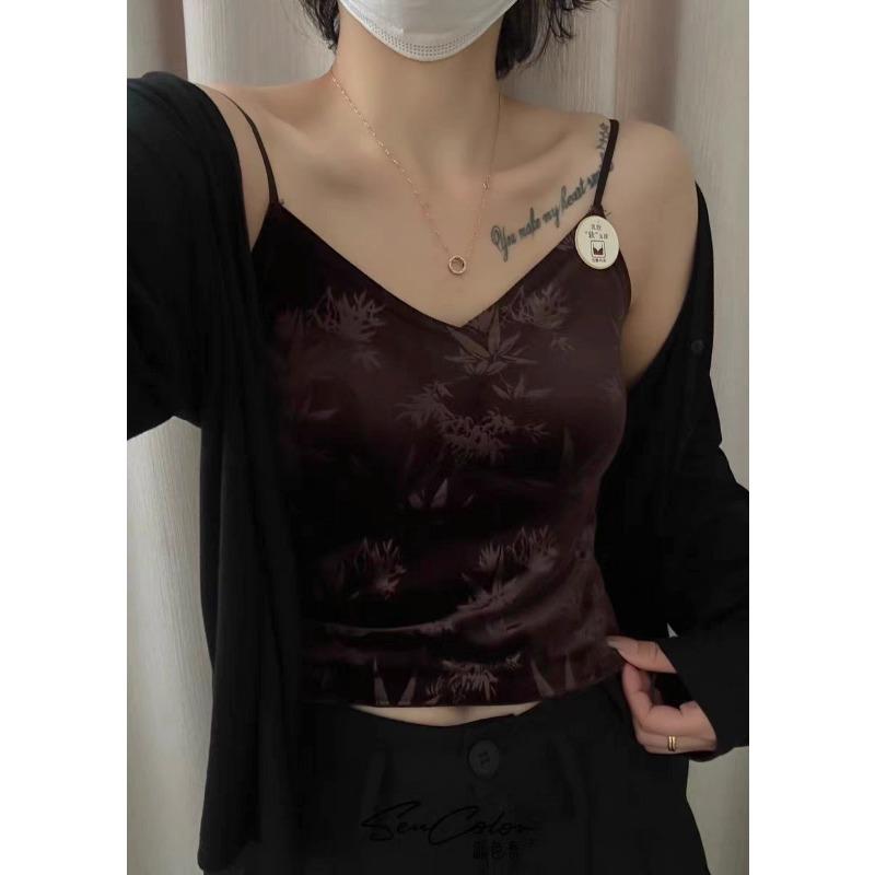 Autumn and Winter New Golden Velvet Bamboo Shadow Printed Halter Vest Female Fixed Cup Slimming Texture Inside The Top