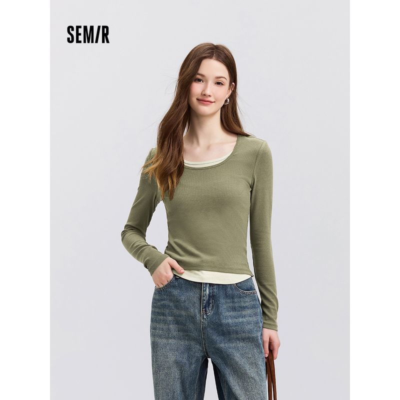 

Senma Long Sleeves T-shirt Women s Short Fake Two-Piece Color Matching Inner Wear Minimalist Spring Tight Pullover Fashion Small White and black tone 00319 155/80A/S