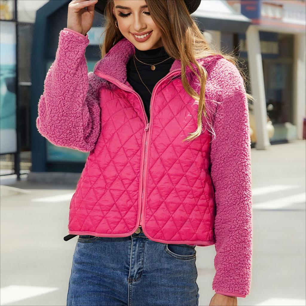 Autumn and Winter Women's Cardigan Jacket with Zipper Long Sleeved Plush Patchwork Jacket for Women