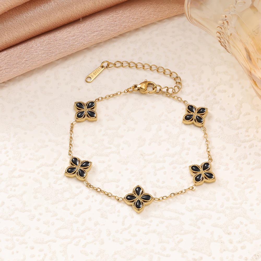 Colorful Four-Leaf Clover Titanium Steel Jewelry Set: Bracelet, Necklace & Stud Earrings