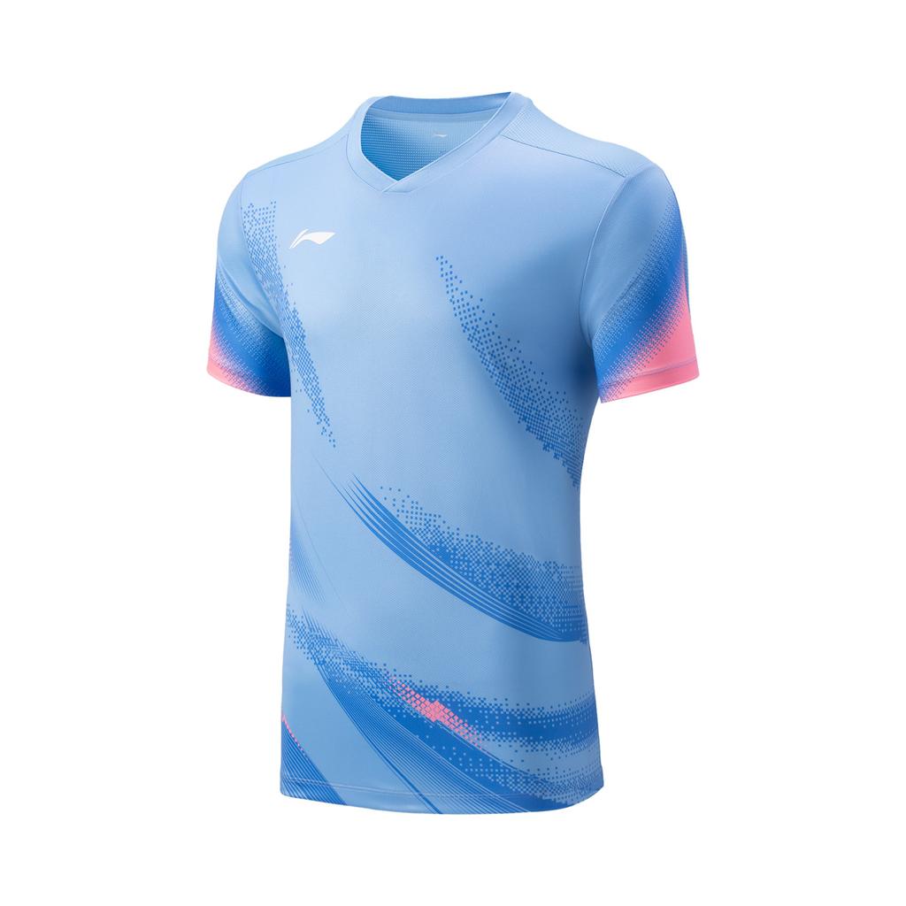 Li Ning Badminton Series Striped V-Neck Soft Comfortable Breathable Versatile Short Sleeve T-Shirt Unisex Tops Sky-Blue AAYV167-5