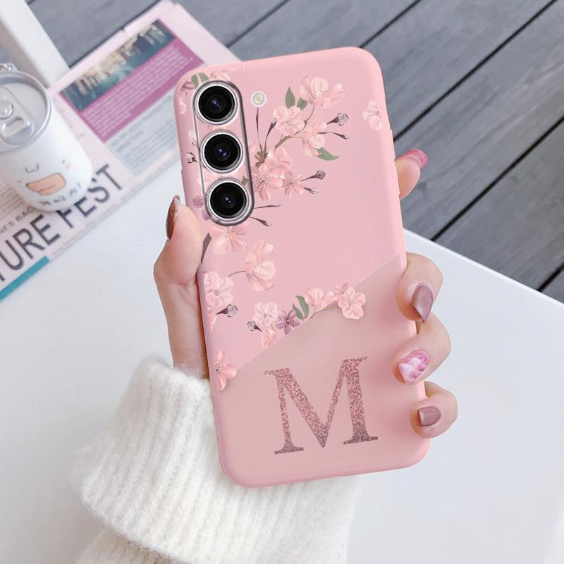 Initial Letter A Z Phone Case For Samsung Galaxy A55 A54 A56 A06 5G Cover Pink Flowers Soft Silicone Back Funda Coque TPU Bumper