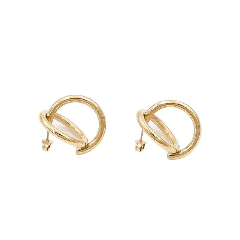 French Simple Geometric Round Line Cross Earrings Women'S 18K Titanium Steel Double Ring Stacked Stud Earrings Do Not Fade