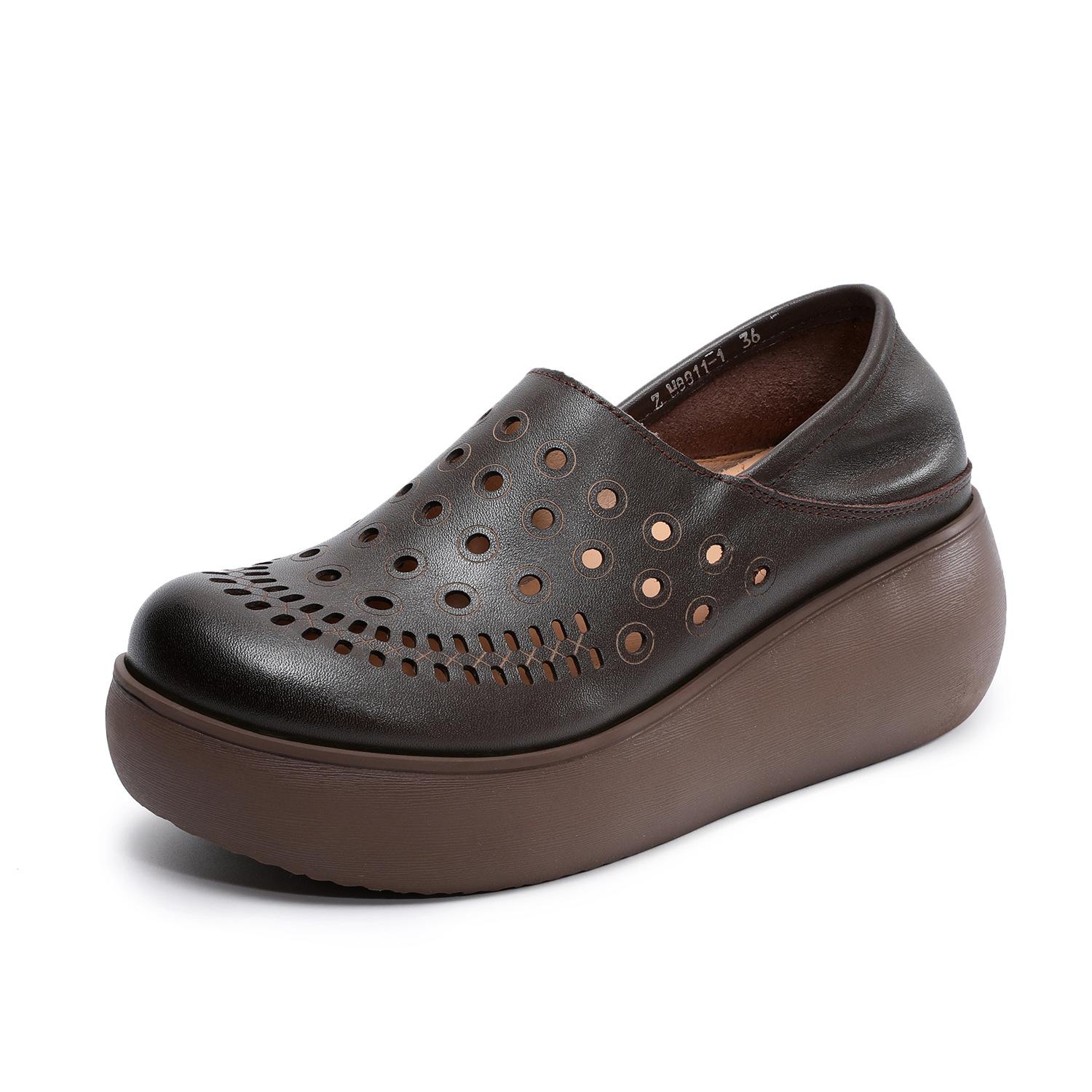 

Johnature Genuine Leather Hollow Out Thick Soled Wedge Sandals Comfortable And Breathable Women s Slip-on Shoes 40 коричневий
