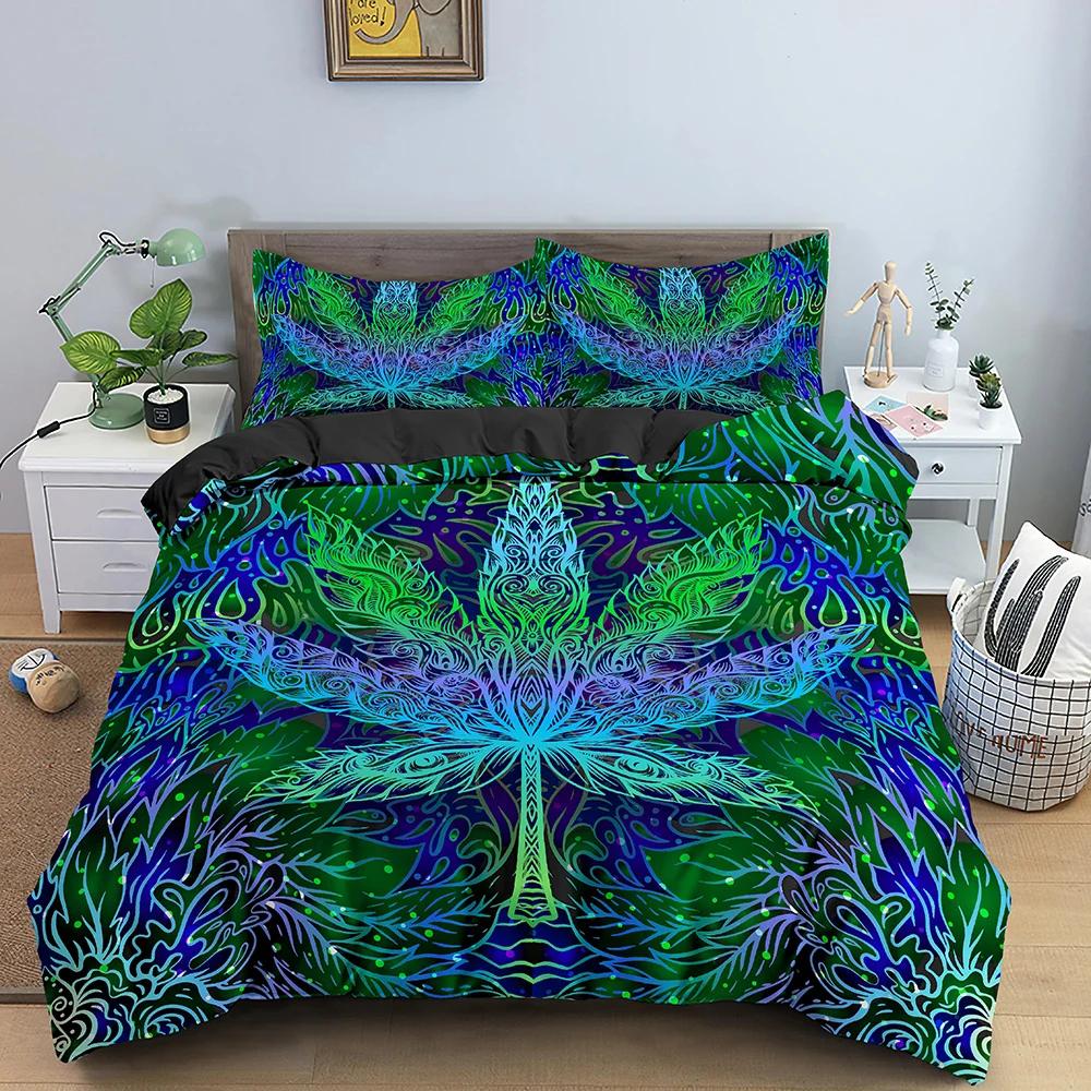 Maple Leaves King Queen Bedding Set Psychedelic Weed Leaf Duvet Cover Colorful Stripes 2/3Pcs Polyester Quilt Cover
