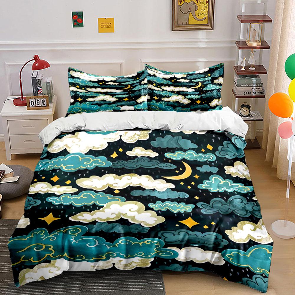 Clouds, crescent moon, stars. Bedding sets Duvet cover sets Duvet covers Pillowcases(1 * Duvet Cover 2 * Pillowcases without duvet insert)