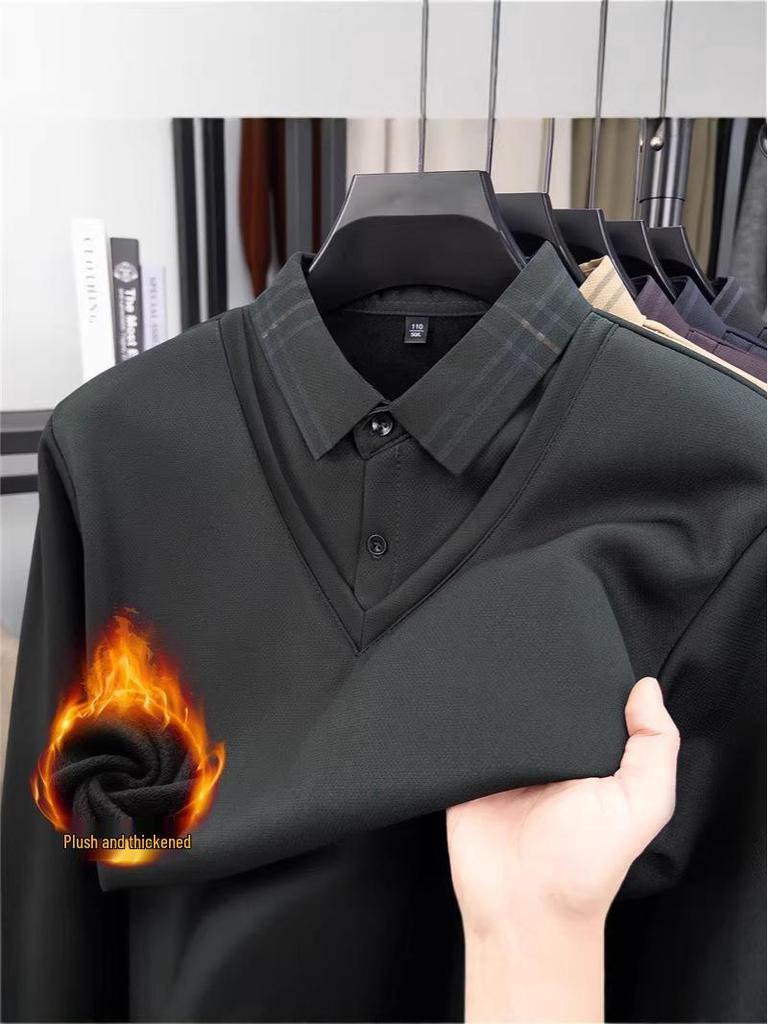 Men's Winter Thickened Velvet Two-Piece Faux Layered POLO Shirt with Warm Lapel - Long Sleeve for Middle-Aged Dad
